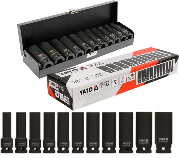 YATO NASADKI UDAROWE KLUCZE NASADOWE DŁUGIE 1/2'' 11el KUTE WALIZKA