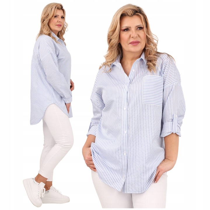 BAWEŁNIANA KOSZULA DAMSKA OVERSIZE WZÓR W PASKI LUŹNA DUŻE ROZMIARY