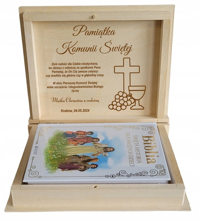 Biblia Pismo Święte Pamiątka Komunii PREZENT na Komunię + Grawer w pudełku