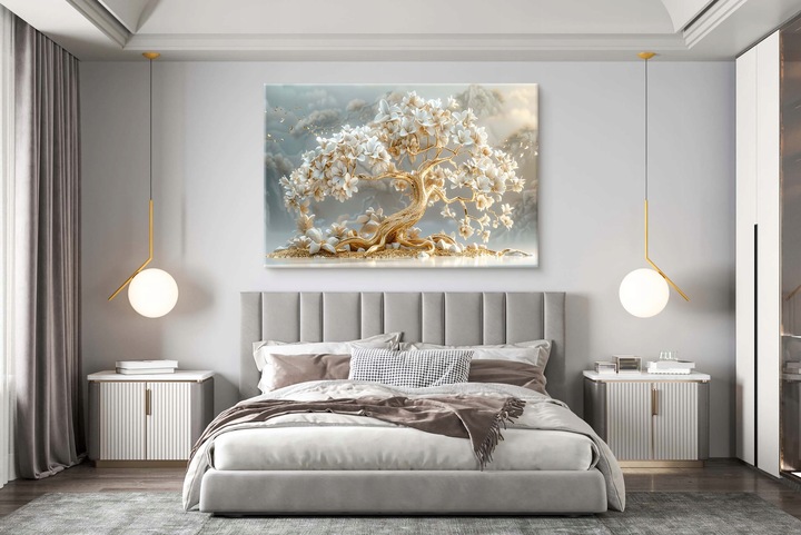 Elegancki Obraz na płótnie do salonu Złote drzewko szczęścia Glamour