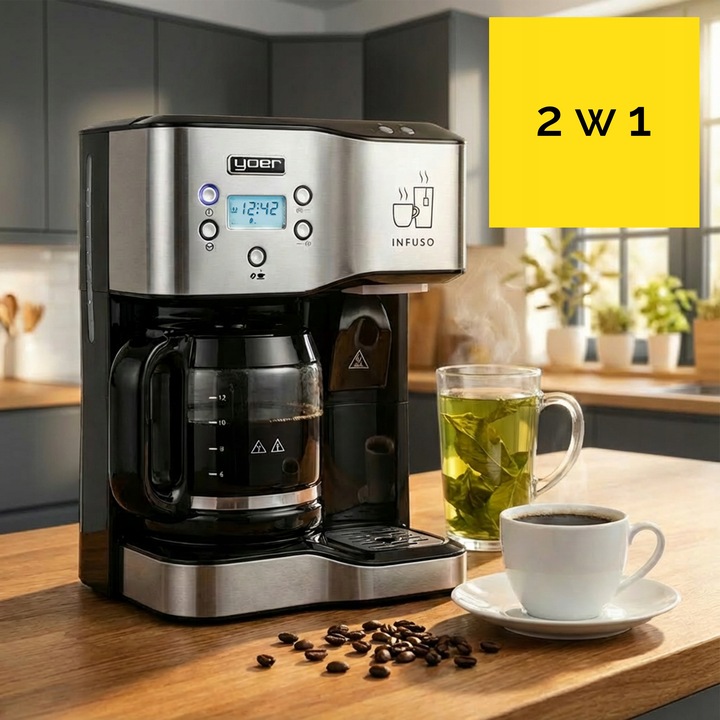 Ekspres przelewowy kawy 2w1 Yoer 1900W +Dystrybutor wody na herbatę