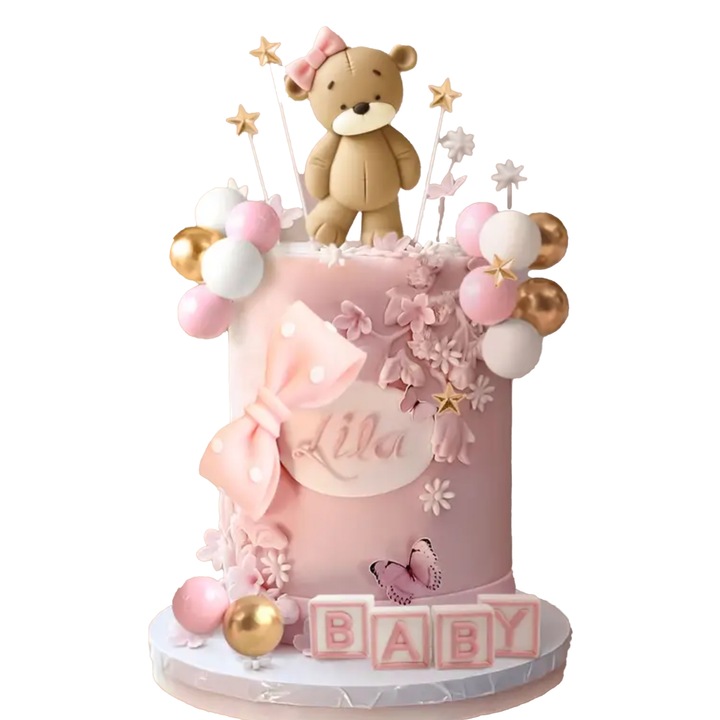CALY Zestaw dekoracji na tort – MIS z różową kokardką + napis BABY ROCZEK