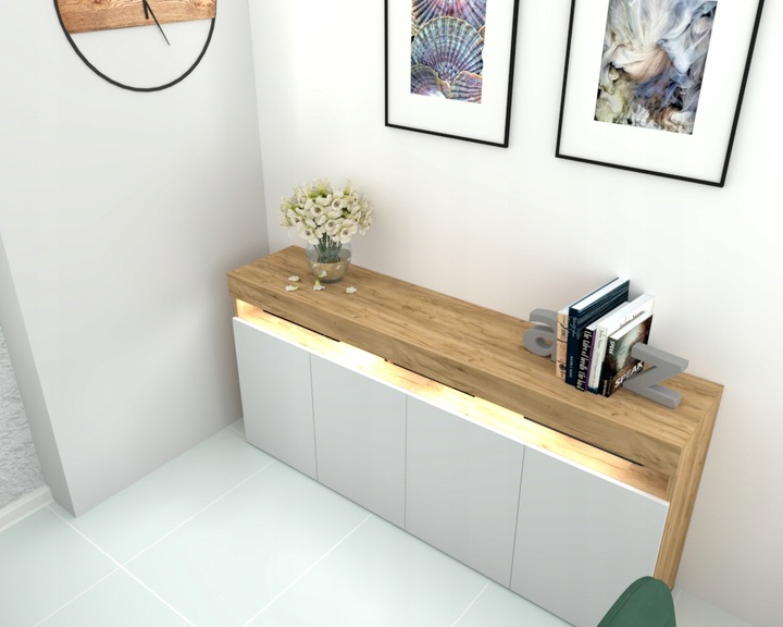 Duża Komoda LUNA 4D 180 Dąb Craft Biała LED