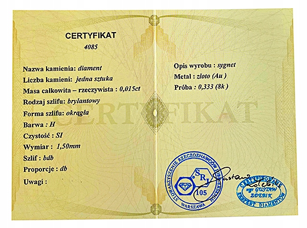 SYGNET ZŁOTY Z BRYLANTEM SUPER CENA 333 8K R21