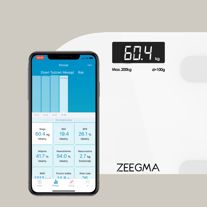Waga łazienkowa analityczna SMART BIAŁA 17w1 iOS Android BMI do 200 kg