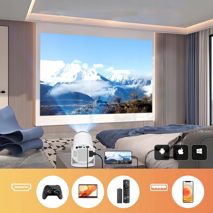 PROJEKTOR RZUTNIK ANDROID TV WIFI MINI 4K PRZENOŚNY SMART GŁOŚNIK OBROTOWY