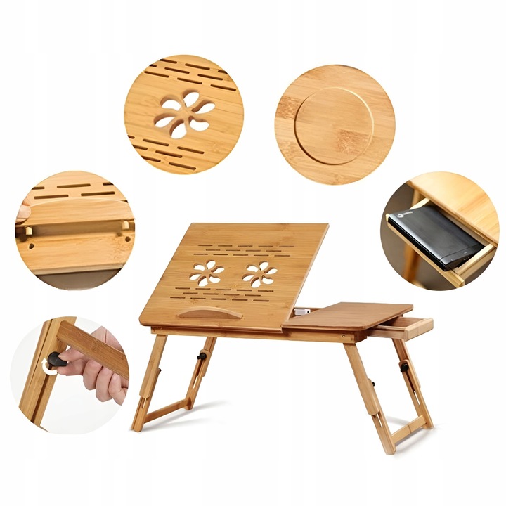 Stolik pod Laptopa bambusowy do Łóżka Taca Podstawka Regulowana Skladana