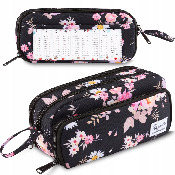 Piórnik szkolny trzykomorowy w kwiaty duży saszetka do szkoły ZAGATTO