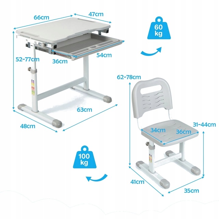 Zestaw biurko i krzesło dla dzieci z regulacją