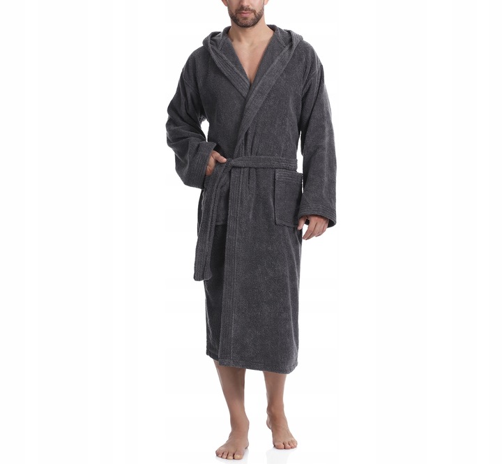 Szlafrok Męski z Kapturem Frotte 100% Bawełna Kieszenie L-101