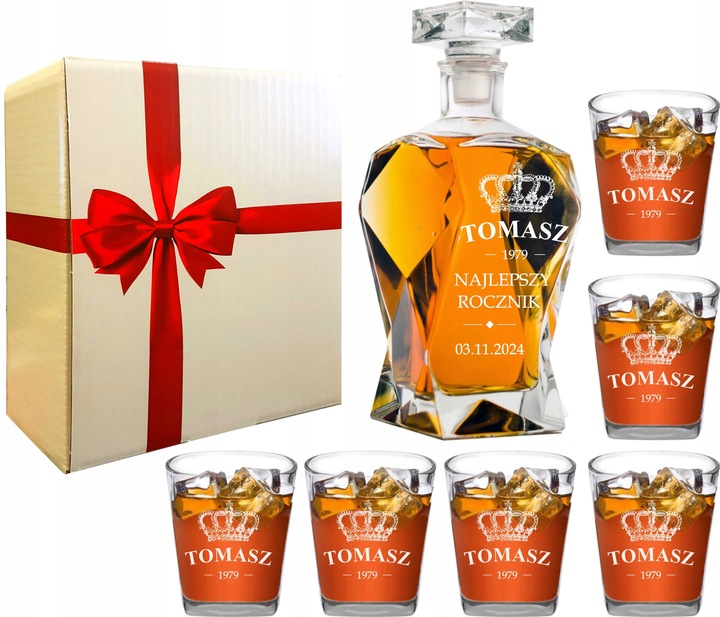 KARAFKA Z GRAWEREM 6 SZKLANEK Z GRAWEREM DO WHISKY W PUDEŁKU PREZENTOWYM