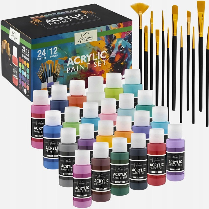 ZESTAW DO MALOWANIA FARBY AKRYLOWE 24X59ml +12 PĘDZLI DUŻY ARTYSTYCZNY 36EL