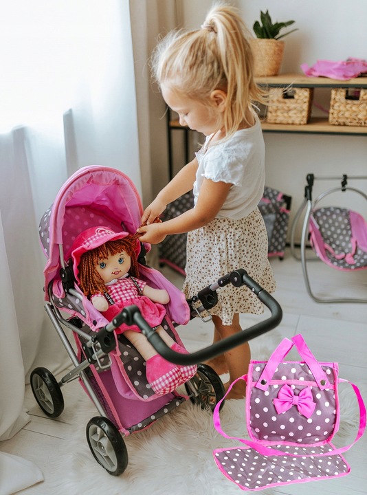 Wózek dla lalek spacerówka głeboki ZESTAW ŁÓŻECZKO POŚCIEL TORBA PRZEWIJAK