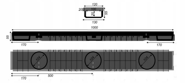 ODWODNIENIE LINIOWE Korytko plastik/plastik h55 B125 (12,5 tony)