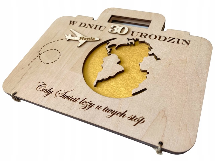 Prezent na urodziny DREWNIANA KARTKA GRAWER personalizowana walizka