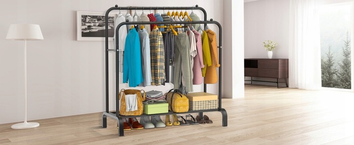 WIESZAK NA UBRANIA BUTY STOJĄCY PODŁOGOWY STOJAK CZARNY PODWÓJNY