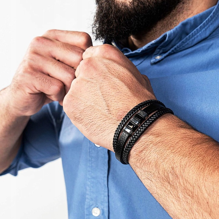 BRANSOLETKA MĘSKA SKÓRZANA CZARNA MOCNA NA PREZENT REGULOWANA PREMIUM LOVLY