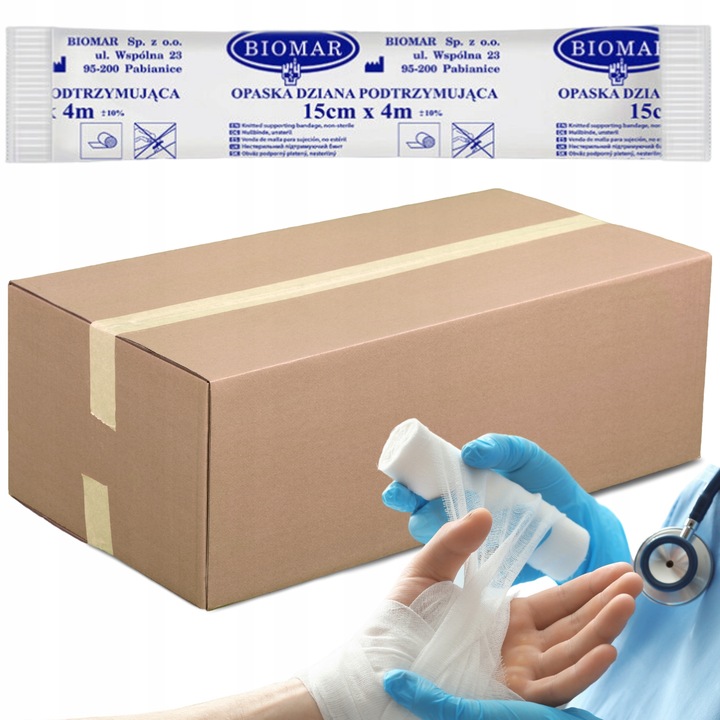100x BANDAŻ DZIANY PODTRZYMUJĄCY OPASKA OPATRUNKOWA 15cm x 4m BIOMAR PE