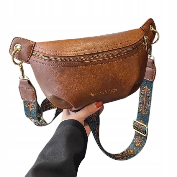 Torebka Damska Nerka BRĄZOWA Pojemna na Ramię Pasek Kolorowy Złoty Zamek