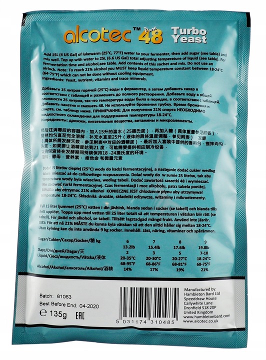 Drożdże Gorzelnicze Alcotec 48 Pure Turbo - 1.35kg