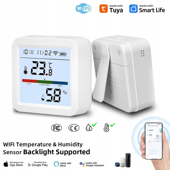 Termometr Czujnik Temperatury Wilgotności i Zegar TUYA SMART LIFE WIFI LCD
