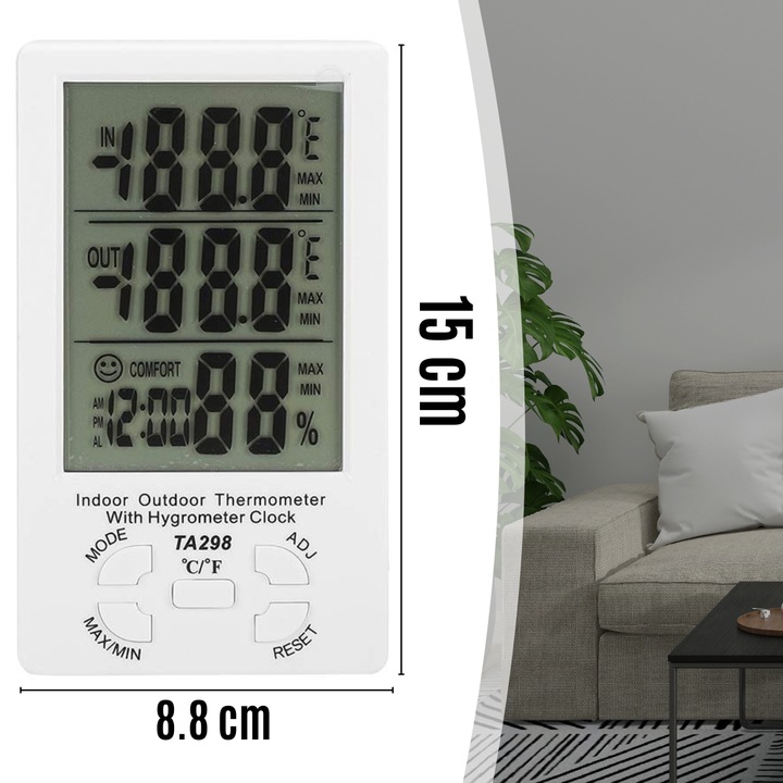 STACJA POGODOWA TERMOMETR ZEWNĘTRZNY HIGROMETR LCD ZEGAR Z SONDĄ