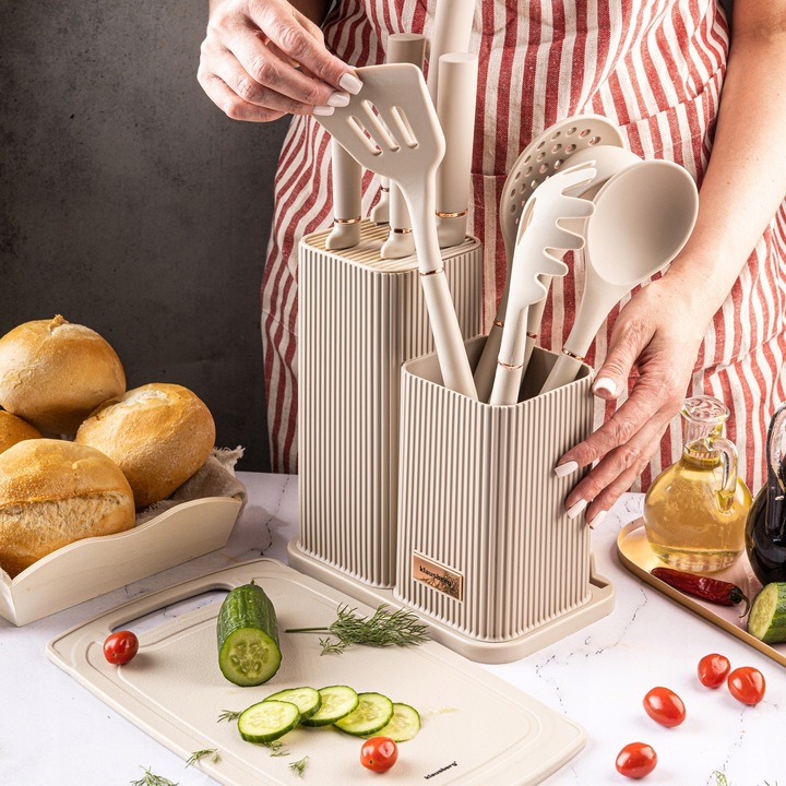 Komplet 5 Noży + Zestaw 5 przyborów kuchennych + deska do krojenia + Stojak