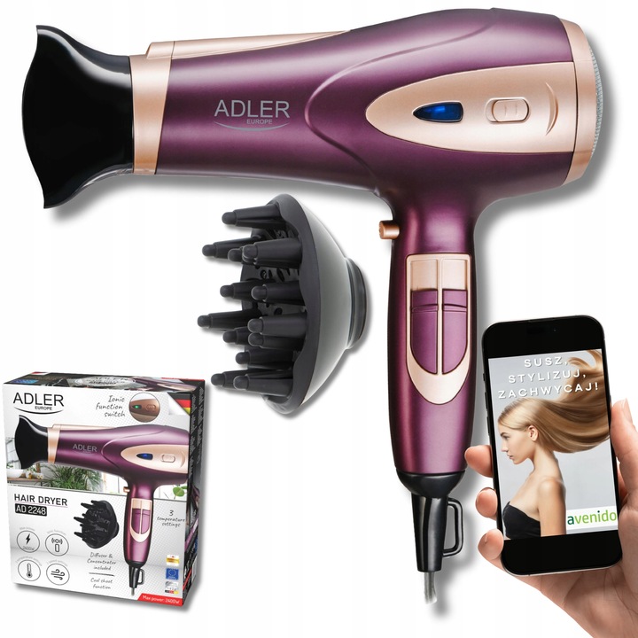 SUSZARKA DO WŁOSÓW Z JONIZACJĄ 2400W Zimny nawiew + Koncentrator i
