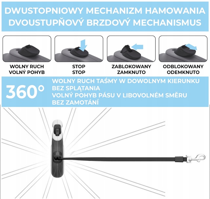 Smycz automatyczna czarna rozmiar S dla psa do 15 kg