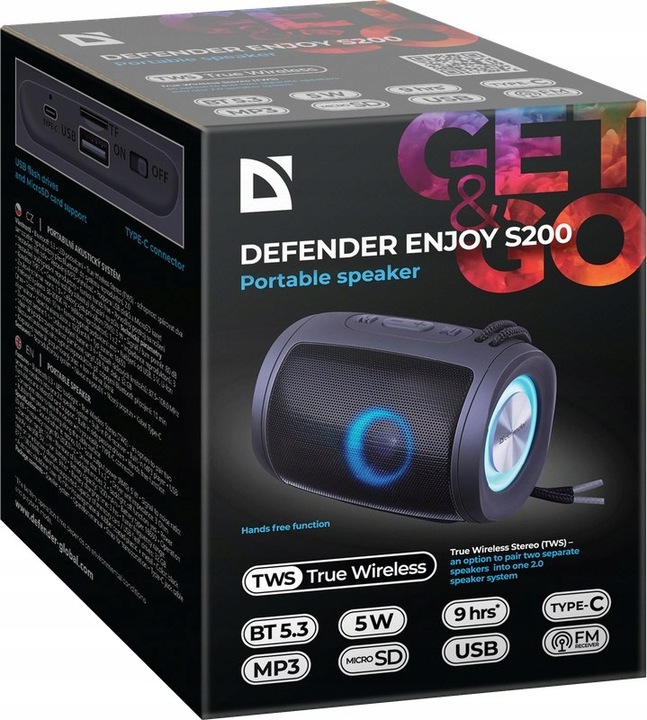 DEFENDER Przenośny Mini Głośnik Bluetooth 5.3 LED FM MP3 SD