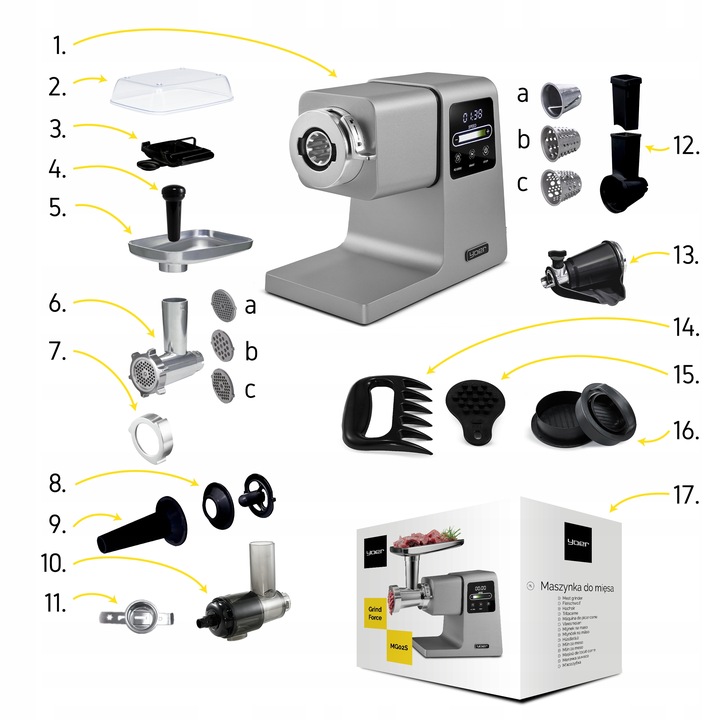 Maszynka do mięsa 7w1 Metalowa 4kg/min Yoer 2500W +Szatkownica+37