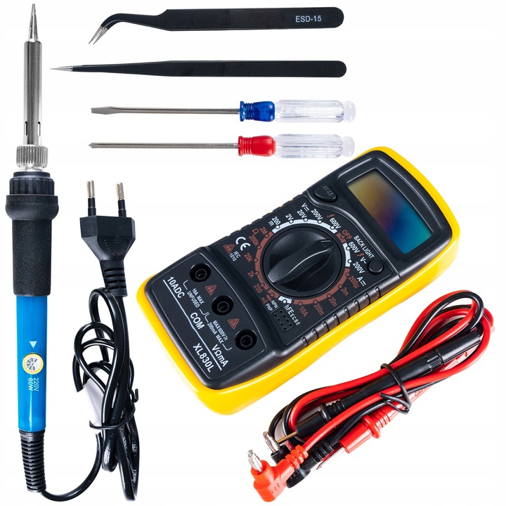 Lutownica Zestaw Narzędzi Do Lutowania 40 Elementów Multimetr Groty Cyna