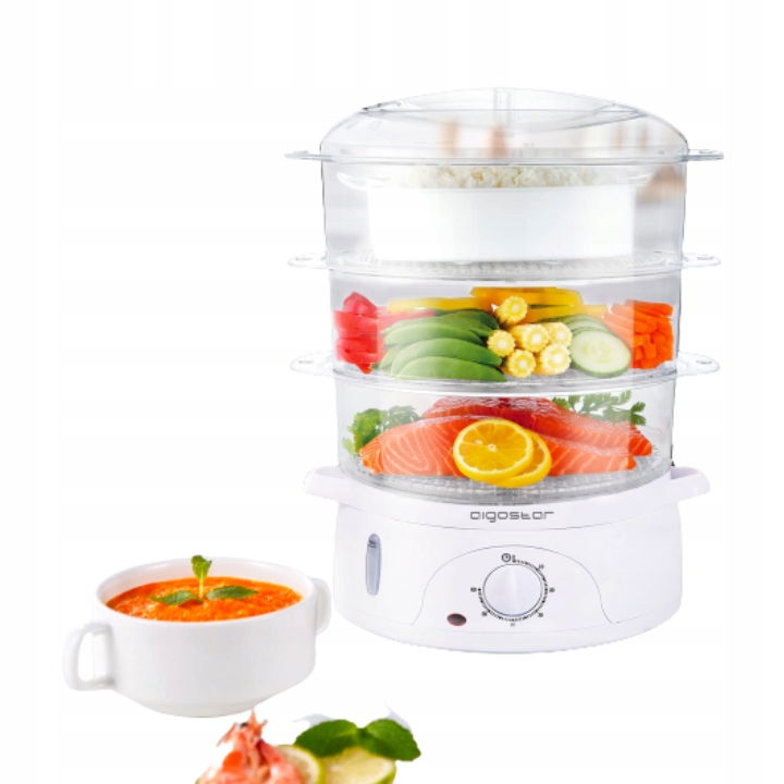 PAROWAR ELEKTRYCZNY DO GOTOWANIA NA PARZE 800W 9L MINUTNIK BIAŁY 3 X