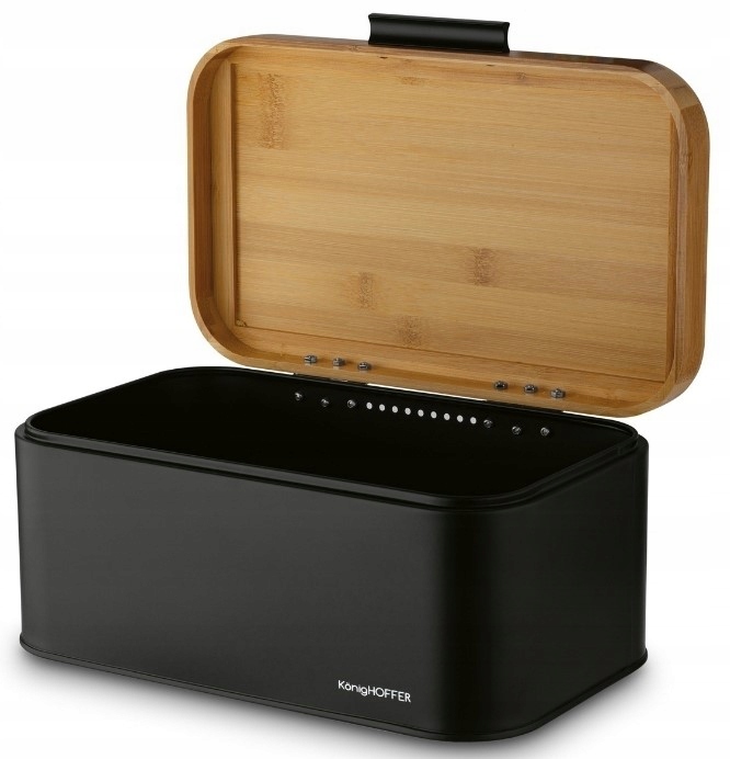 CHLEBAK STALOWY Z POKRYWA BAMBUSOWA POJEMNIK NA PIECZYWO CHLEB BUŁKI Czarny