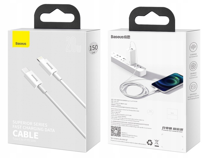 BASEUS KABEL DO TELEFONU IPHONE PRZEWÓD USB TYPU C DO LIGHTNING PD 20W 1.5M