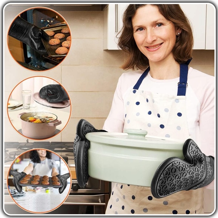 Rękawice KUCHENNE Silikonowe DO Piekarnika Kuchni ŻAROODPORNE 2szt Czarne