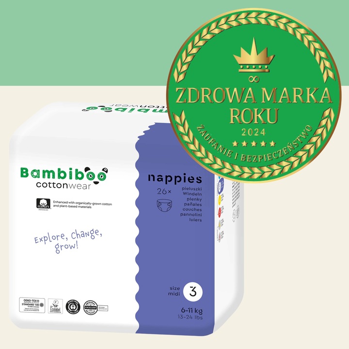 PIELUSZKI BAMBIBOO PIELUCHY COTTONWEAR r. 3 MIDI Jednorazowe 6-11kg 26szt.