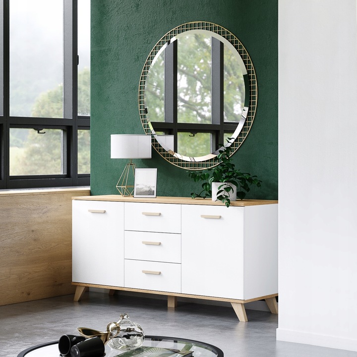 KOMODA SZAFKA RTV 3 SZUFLADY DRZWI POJEMNA BIAŁY MAT DĄB WOTAN SCANDI