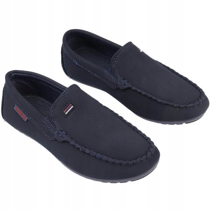 GRANATOWE MOKASYNY CHŁOPIĘCE PÓŁBUTY ZAMSZOWE WSUWANE BUTY NA KOMUNIĘ