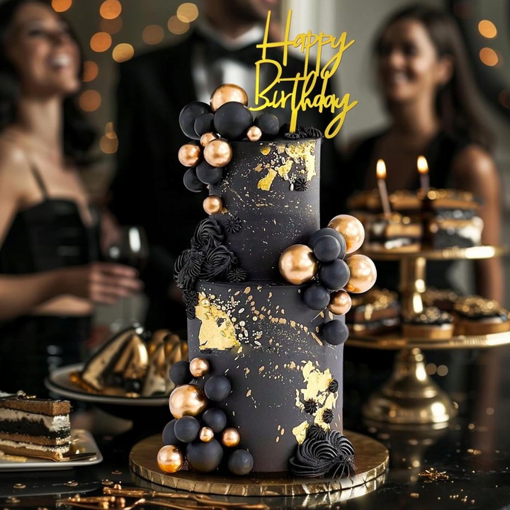 Ozdoby na tort dekoracje komunijne topper na tort złote czarne kule na piku