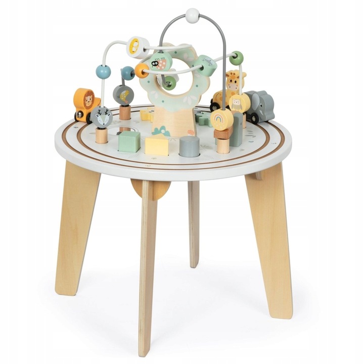 Drewniany okrągły stolik edukacyjny z magnetyczną kolejką i wyrzutnią
