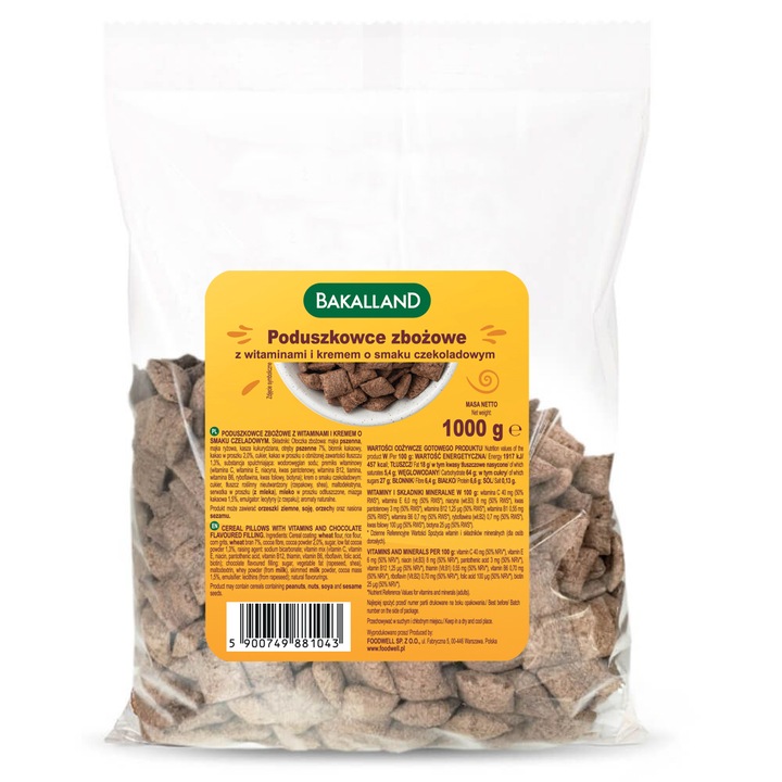 Bakalland Poduszkowce zbożowe z kremem czekoladowym płatki śniadaniowe