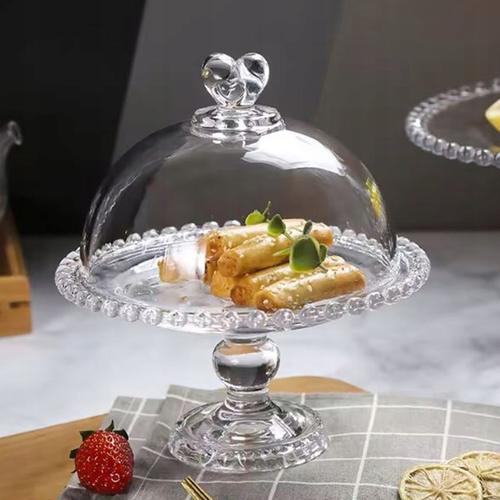 PATERA SZKLANA Z KLOSZEM I NÓŻKĄ 19,5CM NA CIASTO DESER SERY DO SERWOWANIA