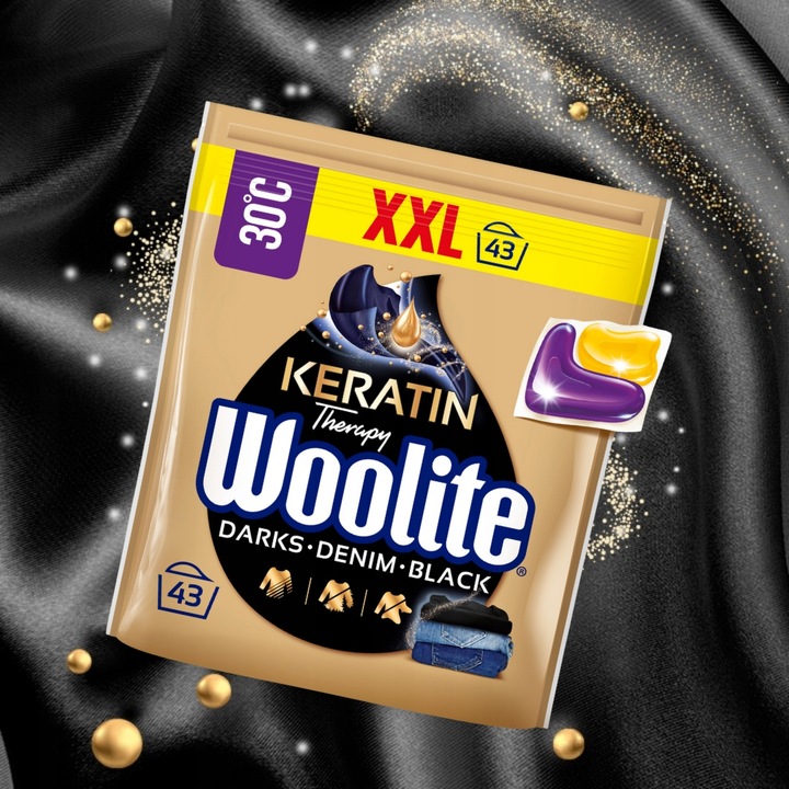 Woolite Kapsułki DoPrania Rzeczy Czarnych Ciemnych Jeans z Keratyną 43szt