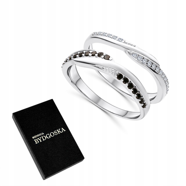 SREBRNY PIERŚCIONEK PODWÓJNY Z CYRKONIAMI RODOWANY SREBRO PRÓBA 925