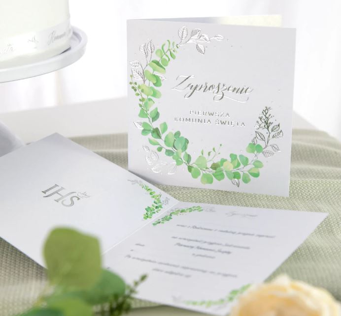 ZAPROSZENIA NA KOMUNIE komunijne + KOPERTY białe eukaliptus dla gości 10szt