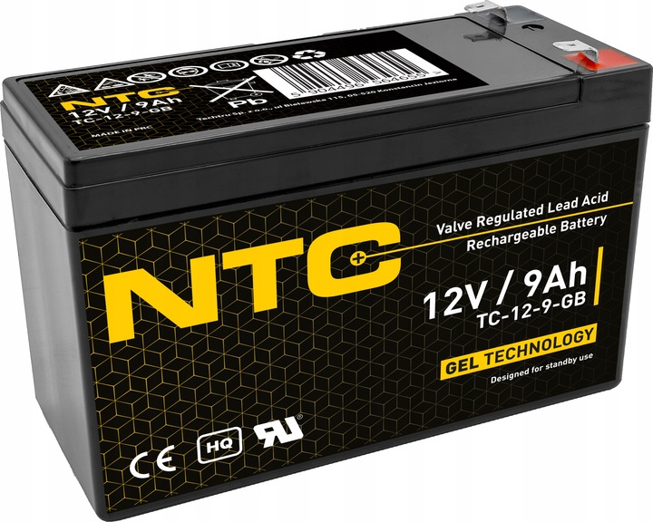 AKUMULATOR ŻELOWY BEZOBSŁUGOWY NTC 12V 9Ah (wymiar 7Ah, 7.5Ah, 9Ah, 10Ah)