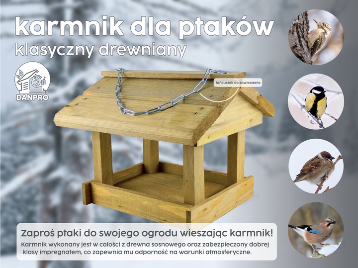 Karmnik dla ptaków zimujących K-35 Klasyczny Drewniany Domek Budka