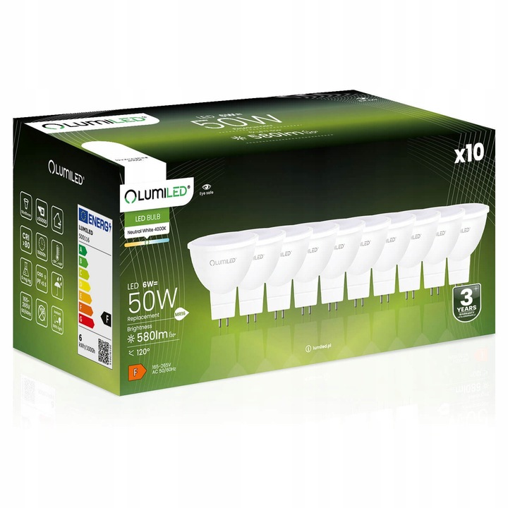 10x Żarówka LED MR16 6W = 50W 120° 230V 4000K Neutralna Biała LUMILED