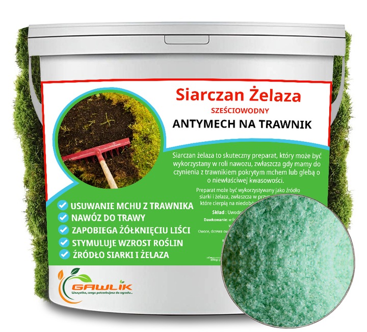 Antymech Siarczan Żelaza Nawóz do Trawy Trawnika Usuwa Mech 7H2O 10kg